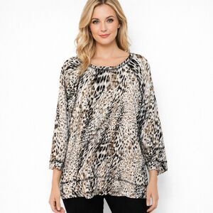 Weekends By Chico's Shirt Womens 3 Brown Animal Print Raglan Tunic Top Stretch